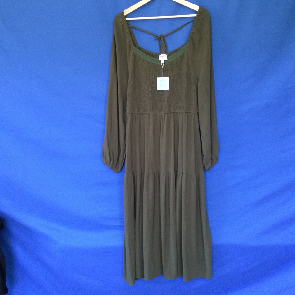 Hayden Los Angeles NWT 1X Green Boho Peasant Dress Pockets Lon Sleeves Linen Vis